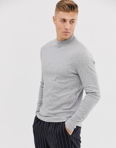 Серая меланжевая футболка с высоким воротом и длинными рукавами New Look-Серый