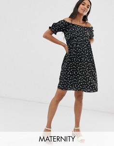 Черное платье с открытыми плечами, пышными рукавами и цветочным принтом New Look Maternity-Черный