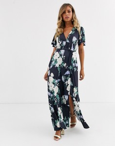 Платье макси с рукавами клеш, цветочным принтом и поясом с кисточками ASOS DESIGN-Мульти