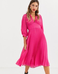 Плиссированное платье миди с узором шеврон и рукавами \летучая мышь\" ASOS DESIGN-Розовый