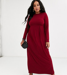 Бордовое трикотажное платье макси с длинными рукавами и складками Verona Curve-Красный