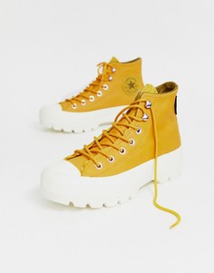 Высокие кожаные кроссовки желтого цвета на массивной рифленой подошве Converse Hiker-Желтый