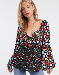Топ с объемными длинными рукавами, завязкой и смешанным принтом ASOS DESIGN-Мульти