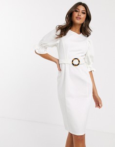 Белое джинсовое платье миди с пышными рукавами ASOS DESIGN-Белый
