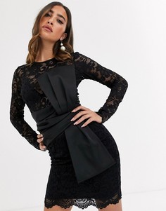 Кружевное платье мини с длинными рукавами и атласным бантом ASOS DESIGN-Черный