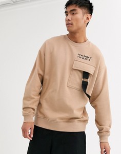 Oversize-свитшот с карманом-карго на груди и надписью ASOS DESIGN-Бежевый