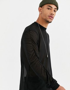 Свободный длинный лонгслив черного цвета из сетки со сборками на рукавах ASOS DESIGN-Черный
