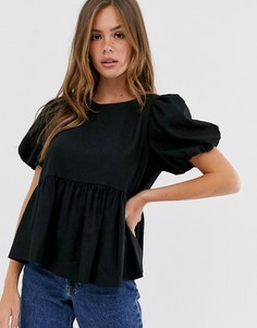 Свободный топ из ткани с добавлением льна ASOS DESIGN-Черный