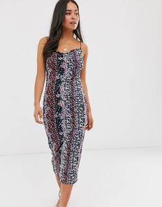 Платье миди с цветочным принтом и сетчатой отделкой Miss Selfridge-Черный
