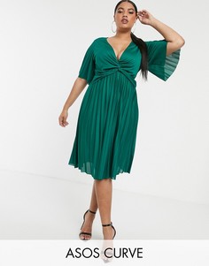 Плиссированное платье миди с широкими рукавами ASOS DESIGN Curve-Зеленый
