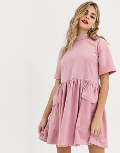 Свободное вельветовое платье мини с карманами в стиле милитари ASOS DESIGN-Розовый