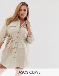 Хлопковое платье-рубашка мини в стиле милитари с поясом ASOS DESIGN Curve-Кремовый
