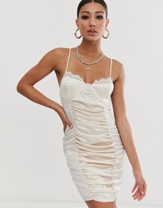 Атласное платье мини со сборками цвета шампанского Missguided-Бежевый