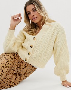 Укороченный кардиган с узором \в косичку\" и объемными рукавами ASOS DESIGN-Кремовый
