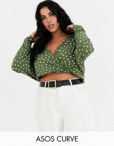 Топ в горошек, с запахом и рукавами \летучая мышь\" ASOS DESIGN Curve-Зеленый