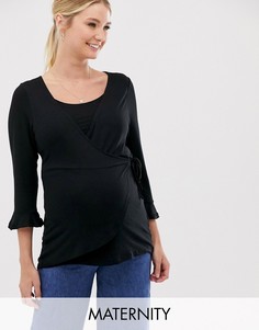 Черный топ для кормления с рукавами 3/4 и запахом New Look Maternity