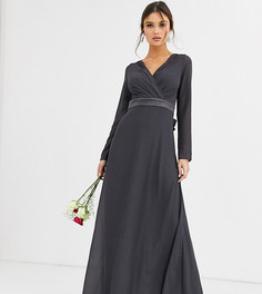 Серое платье макси с длинными рукавами и атласным бантом на спине TFNC Bridesmaid-Серый