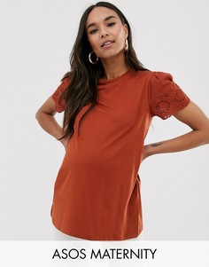 Футболка с вышивкой ришелье на рукавах ASOS DESIGN Maternity-Оранжевый