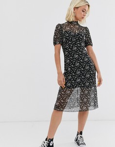 Сетчатое платье миди с цветочным принтом Miss Selfridge-Черный