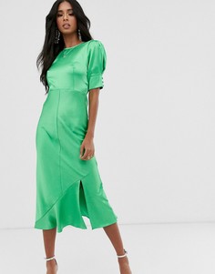 Атласное платье миди с объемными рукавами ASOS DESIGN-Зеленый