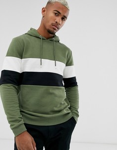 Худи цвета хаки в стиле колор блок с молнией ASOS DESIGN-Зеленый