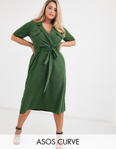 Меланжевое платье-рубашка миди с ремнем ASOS DESIGN Curve-Зеленый