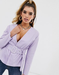 Сиреневый топ с глубоким вырезом, поясом и баской Missguided-Фиолетовый