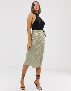Зеленая атласная юбка миди с запахом Missguided-Зеленый