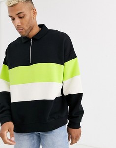 Oversize-свитшот Харрингтон в стиле колор блок с короткой молнией и воротником ASOS DESIGN-Черный