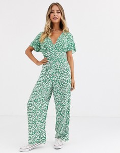 Зеленый комбинезон на пуговицах с цветочным принтом ASOS DESIGN-Мульти