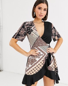 Чайное платье с запахом, оборками и смешанным платочным принтом Missguided-Мульти