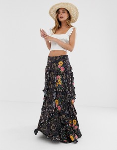 Многослойная юбка с цветочным принтом Free People-Черный
