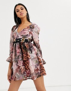Короткое приталенное платье с ярусной юбкой, корсетной отделкой, цветочным и леопардовым принтом Missguided-Мульти