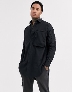 Черная поплиновая длинная рубашка классического кроя с карманом на молнии с 3d-отделкой ASOS DESIGN-Черный