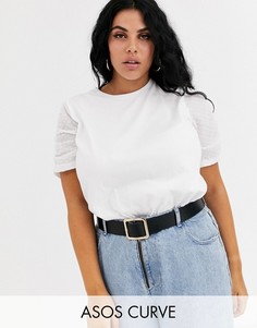 Футболка из ткани добби со сборками на рукавах ASOS DESIGN Curve-Белый