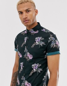 Черная зауженная рубашка с цветочным принтом ASOS DESIGN-Черный
