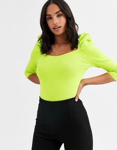Трикотажный топ цвета лайма с пышными рукавами River Island-Зеленый