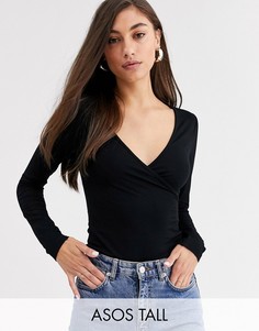 Черный топ с глубоким запахом ASOS DESIGN Tall
