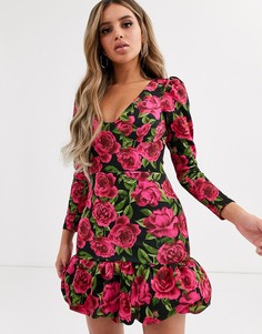 Платье мини с длинными рукавами и цветочным принтом ASOS DESIGN-Мульти