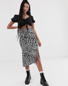 Трикотажная юбка миди с разрезом и звериным принтом ASOS DESIGN-Мульти