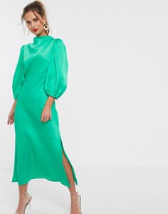 Атласное чайное платье миди со свободным воротом и рукавами-фонариками ASOS DESIGN-Зеленый