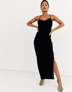 Бархатное платье-комбинация макси со шнуровкой на спине ASOS DESIGN-Темно-синий