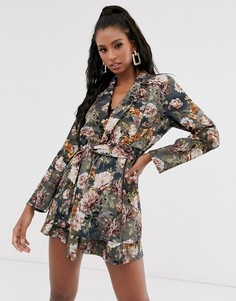 Черный трикотажный пиджак с цветочным принтом и поясом ASOS DESIGN-Мульти