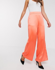Атласные широкие брюки кораллового цвета ASOS DESIGN-Оранжевый
