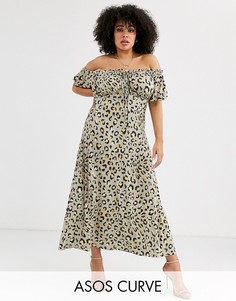 Платье макси с открытыми плечами и звериным принтом ASOS DESIGN Curve-Мульти