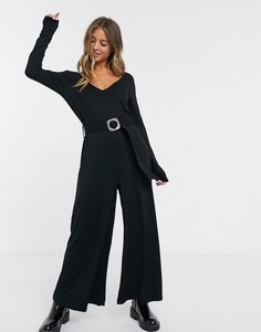 Комбинезон с глубоким вырезом, длинными рукавами и поясом на пряжке ASOS DESIGN-Черный