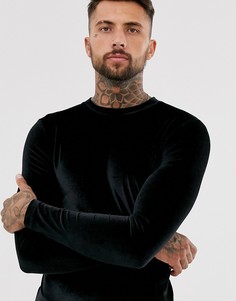 Черная велюровая футболка с длинным рукавом ASOS DESIGN-Черный