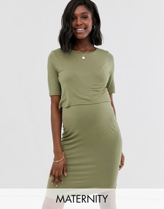Двухслойное платье цвета хаки для кормящих мам New Look Maternity-Зеленый