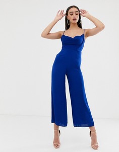 Атласный комбинезон со свободным воротом ASOS DESIGN-Синий