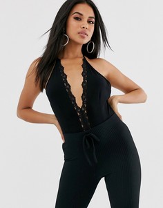 Черное боди с глубоким вырезом и кружевной отделкой ASOS DESIGN-Черный
